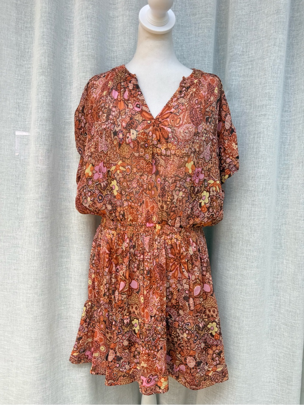 A.L.C floral orange red brown mini dress elastic band waist
